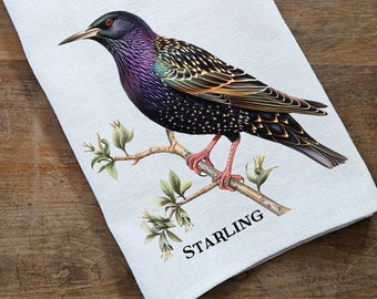 Starling bird Tea Towel in linen, hand Towels Tea in linen, bird Dish Towel  Kitchen Décor Tea Towel in linen