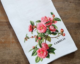 Camelia floral toalla de té en lino, toallas de mano botánicas té en lino, flores rojas lino plato toalla cocina decoración toalla de té en lino