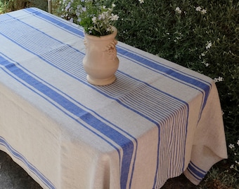 100% Linen tablecloth striped PREWASHED French table cloth rustic rectangle square oval Grey Blue country style Sack weave linen