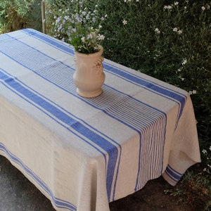 100% Linen tablecloth striped PREWASHED French table cloth rustic rectangle square oval Grey Blue country style Sack weave linen