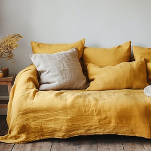 Housse de canapé en lin extra large jaune moutarde, jeté de canapé en lin dans une taille personnalisée, grand couvre-lit sectionnel naturel, jeté de housse de canapé