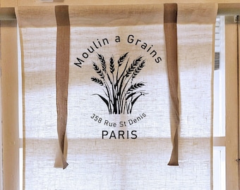 Linen curtains valance with tie up with French Country Stamp Moulin a grains, farmhouse kitchen curtains, door curtains  in custom size
