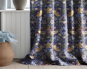 ウィリアム・モリス いちご泥棒カーテン：ワインレッド、遮光裏地付き