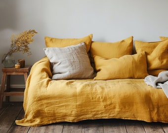 Linen Couch Cover Extra Large Mustard yellow, Linen couch throw in custom  size, Natural Sectional Big bed cover, Sofa slip cover throw