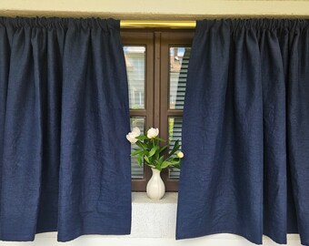 Curtains 100% Linen PREWASHED in navy blue, window panel kitchen Living room farmhouse curtains, grain sack flax Bedroom window panel