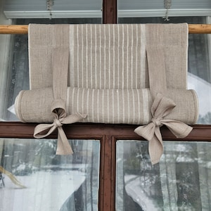 Tende di lino a righe mantovana con laccio, tende per porte della cucina di una fattoria francese in dimensioni personalizzate