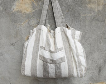 Linen tote bag - shopping bag - striped linen bag - shoulder bag - Organic