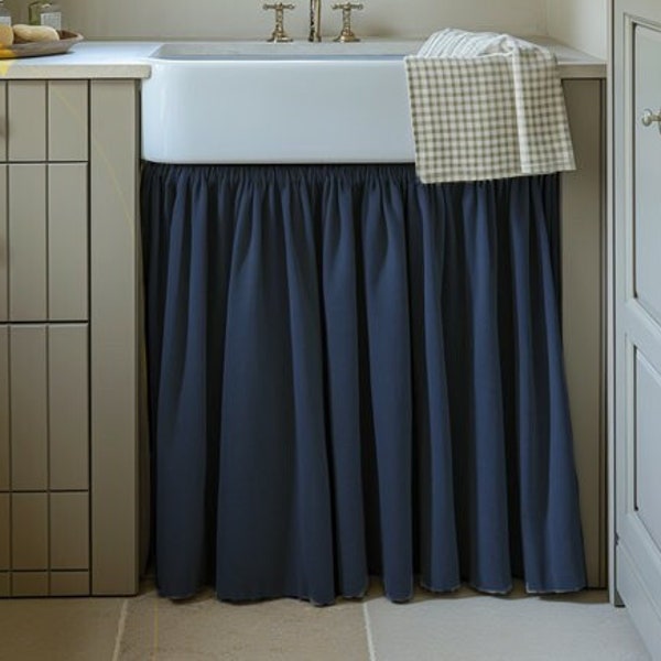 Linen Valance natural Farmhouse Pure linen window treatment - Living room Cafe Kitchen window panel -  farmhouse sink curtains in navy blue