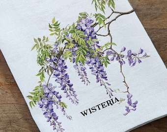 WisteriaTea Towel in linen, floral Hand Towels Tea, botanical Floral Dish Towel, purple flower Kitchen Décor Tea Towel