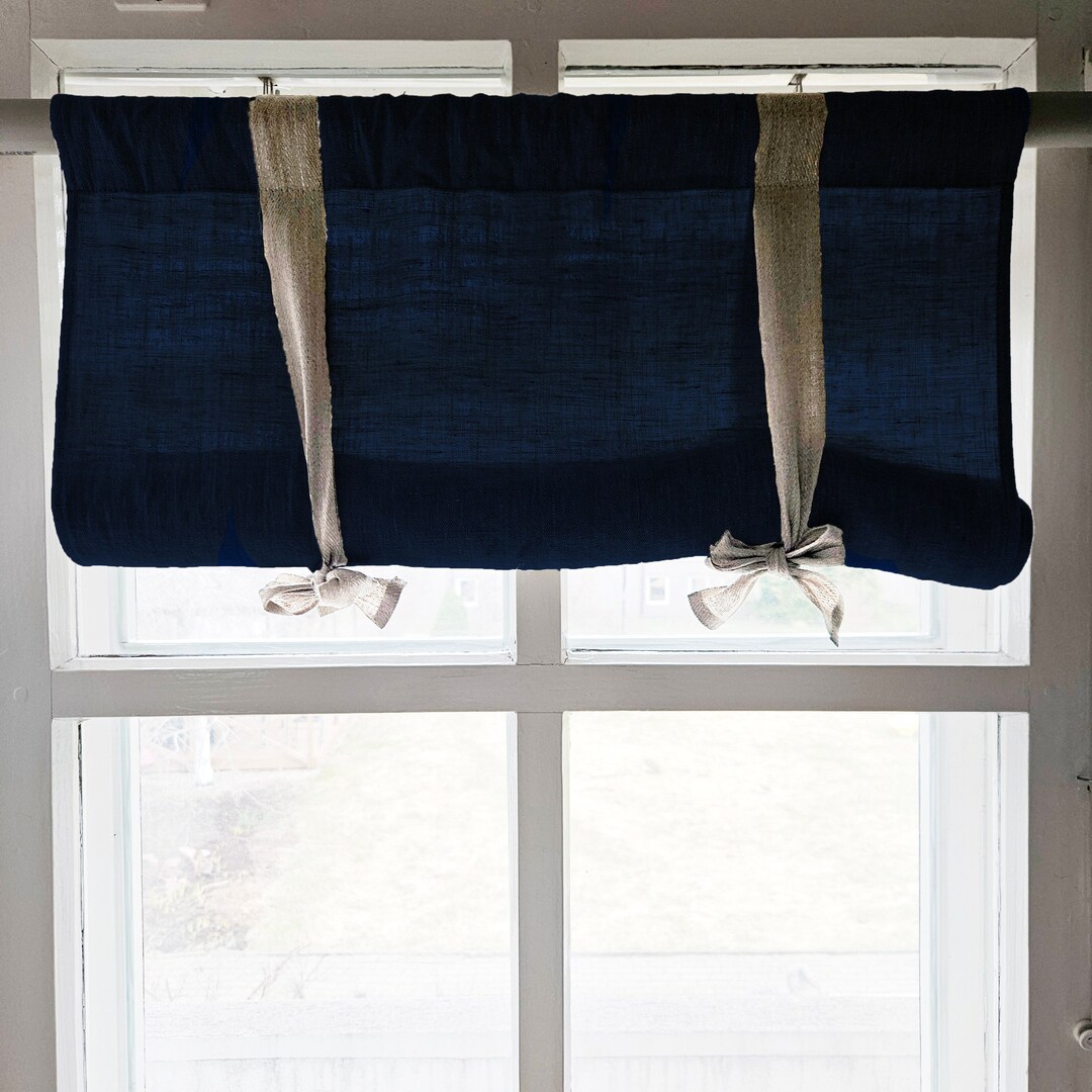 Linen Curtains Valance With Tie up Navy Blue, Farmhouse Kitchen