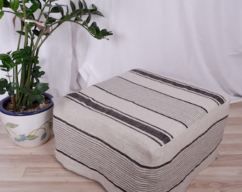 french striped Ottoman slipcover, natural cover Custom ikea linen cover cube slip cover for bench pouf sofa cover customsize