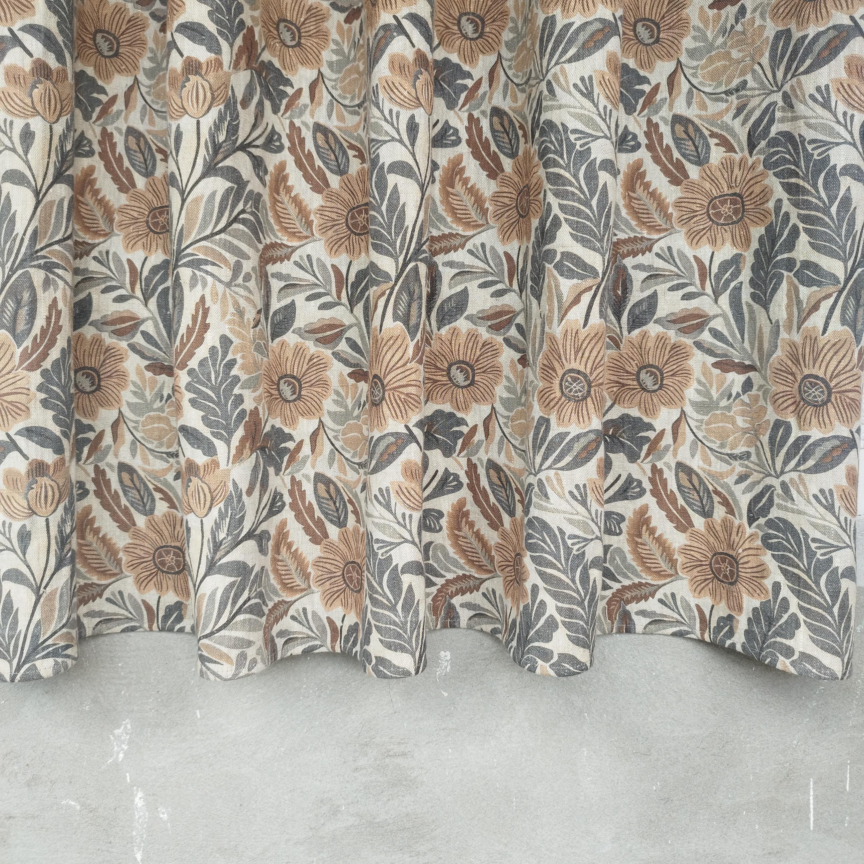 Curtains 100% Linen With Botanical Brown Print PREWASHED. Japandi ...