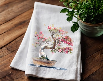 Japanese Tea Towel in linen Bonsai, Greenery white Hand Towels Tea, Farmhouse Dish Towel,  Kitchen Décor Tea Towel