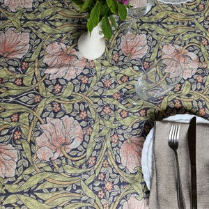 Linen foral tablecloth with birds, william Morris pimpernel tablecloth, arts and crafts movement tablecloth Victorian style