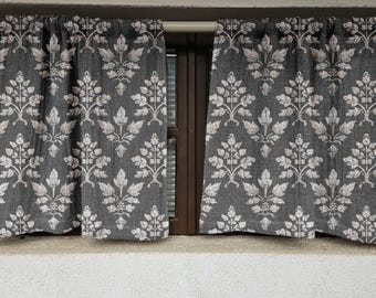 block print Curtains 100% Linen PREWASHED grey, cafe vanlance window panel kitchen Living room farmhouse curtains