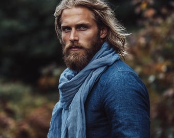 Lniany szal w kolorze niebieskim lub innych 40 kolorach, niebarwiony, organiczny, czysty len, unisex. Prezent dla przyjaciela, męża, ukochanego, syna, ojca.