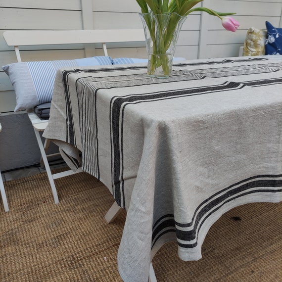 Leinen Tischdecke gestreift VORGEWASCHEN Französische Tischdecke rustikales Rechteck Quadrat Oval Graublau Landhausstil Sackleinen