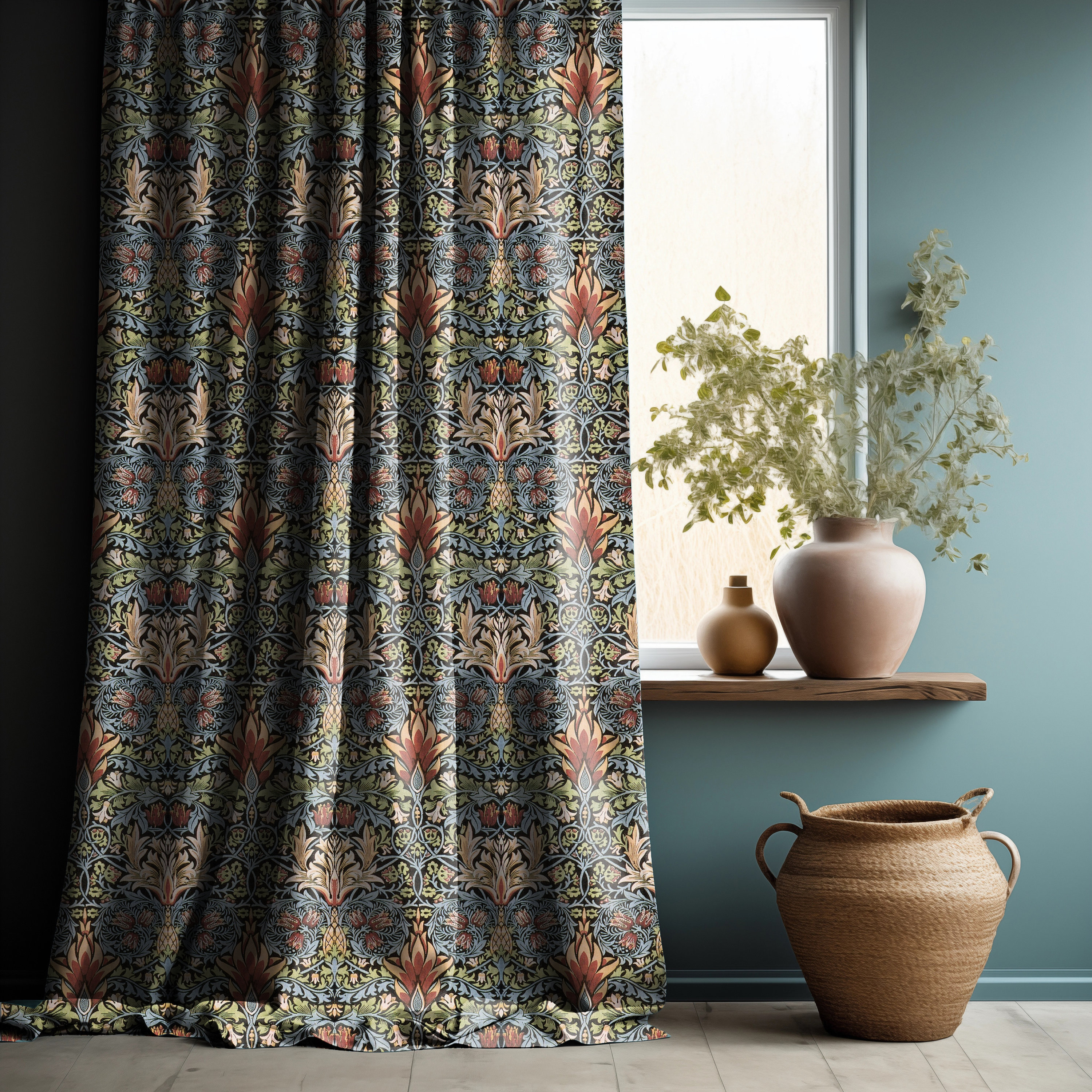William Morris Curtain Panel Snakeshead, Floral Botanical Blue Print