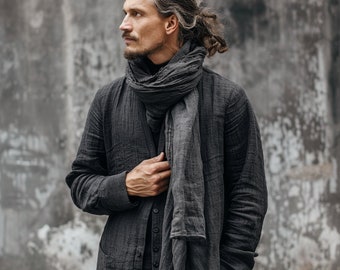 Szary szalik lniany unisex dla mężczyzn i kobiet, niebarwiony, organiczny, czysty len, unisex. Prezent. Czysty len. Naturalny, cienki lub szeroki szalik lniany.