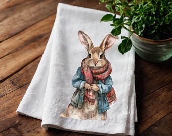 Bunny Tea Towel in linen, Rabbit Hand Towels Tea, Eastern Dish Towel, Holiday Kitchen Décor Tea Towel