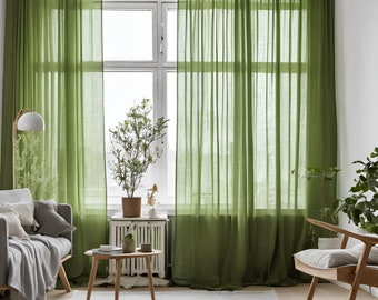 Durchsichtige Leinenvorhänge, 100% Leinen Extra Lange Vorhänge, Leinenvorhänge mit Stangentasche, Grüne VORGEWASCHENE transparente Fenstervorhänge