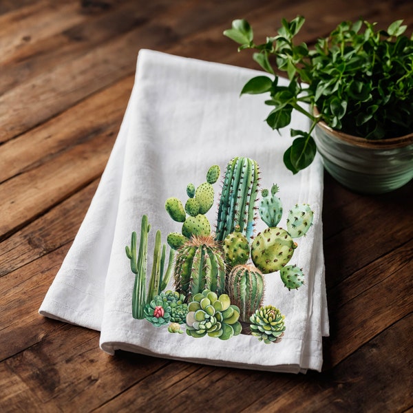 Tea Towel in linen Cactus,  white Hand Towels Tea, Farmhouse Dish Towel,  Kitchen Décor Tea Towel