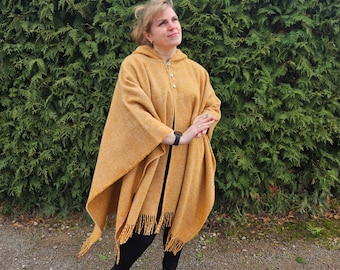 PONCHO en laine premium unisexe, poncho manteau en laine pour femme ou homme, poncho en laine fait main, cape en laine poncho Serape, cape en laine châle jaune moutarde