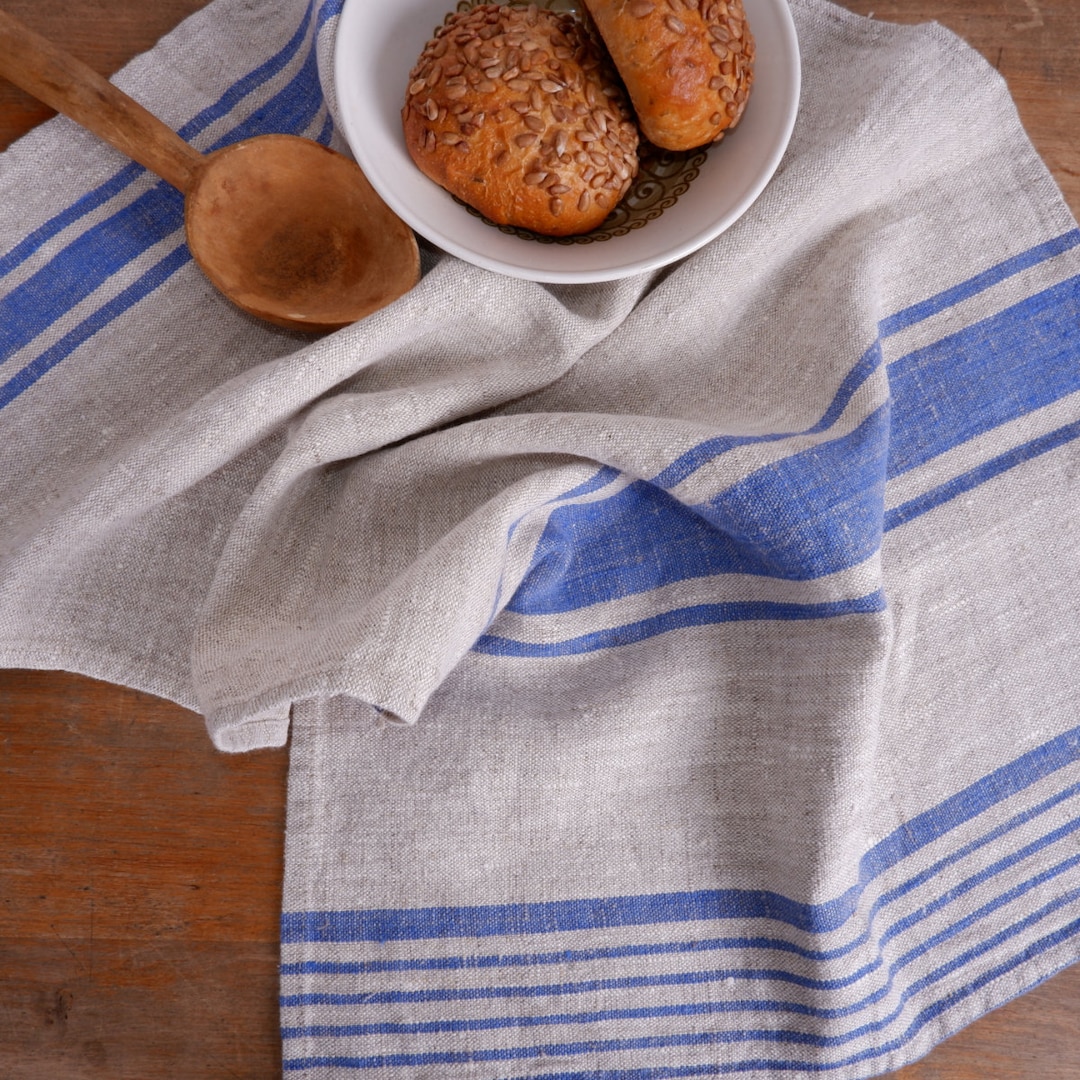 Set di 2 strofinacci da cucina e strofinacci in lino francese: torchon a righe rosse, monogramma JP - Italia