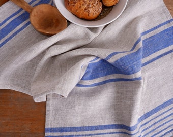 Washed linen kitchen towel in french blue stripes . Guest hand towel Natural dish towel. Striped French style thick linen tea towels