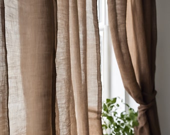 Sheer Linen Curtains, 100% linen Extra Long Curtains, Linen Curtains with rod pocket, brown PREWASHED Sheer window panel