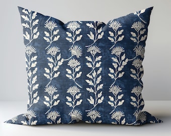 Modern indigo linen Floral Pillow Cover, white blue Boho Pillow block print on linen, Coutrynome block printed pillow case in European flax