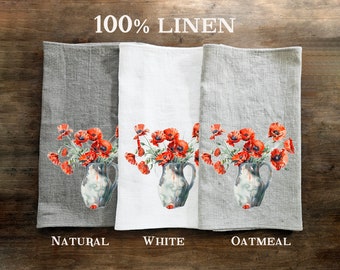 Poppy Tea Towel in linen, floral Hand Towels Tea, botanical Floral Dish Towel, red flower Floral Kitchen Décor Tea Towel