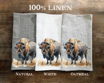 Buffalo Tea Towel in linen, Bison hand Towels Tea in linen,  pets Dish Towel  Kitchen Décor Tea Towel in linen