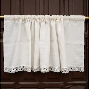 Aangepast formaat Valance WIT met veters, Boerderij Puur linnen raambekleding, Woonkamer Cafe Keuken raampaneel, boerderijgordijnen