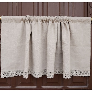 Aangepast formaat Volant natuurlijk met veters, boerderij puur linnen raambekleding, woonkamer café keuken raampaneel, boerderijgordijnen
