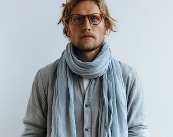 Szal lniany w kolorze niebieskim lub innych 40 kolorach, niebarwiony, organiczny, czysty len, unisex. Pomysły na prezent. Czysty len. Naturalny len.