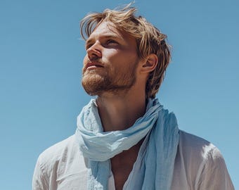Lniany szalik w kolorze szarym, unisex dla mężczyzn lub kobiet, organiczny, czysty lniany szalik, unisex. Prezent. Czysty len. Naturalny, cienki lub szeroki szalik lniany, jasnoniebieski.
