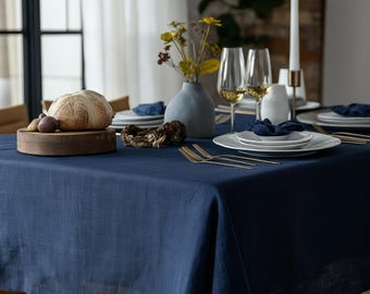 Tovaglia di lino pesante per tavolo da pranzo - Tovaglia di lino lavato francese Rettangolare Quadrata o Rotonda in blu navy neutro o altri colori