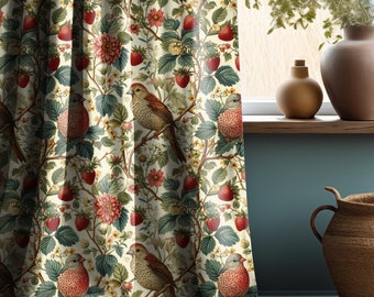 Floral with birds and strawberries Print Pattern Victorian Curtain Panels, Art and Crafts Rustic Country style Curtains for living room