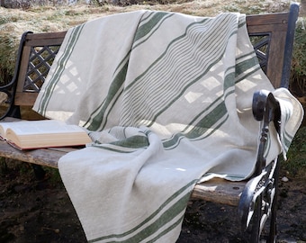 Cubierta de cama de manta natural lavada en piedra - lino a rayas - estilo rural provenzal Throw Alwayslovelinen 100% lino