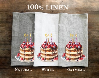 Birthday cake Towel Gift kitchen towels in linen, Birthday Towel Gift Girlfriend Gift, Floral Birthday Tea Towels, Birthday Dish Towel