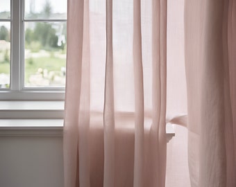 Rideaux transparents en lin, rideaux extra longs 100 % lin, rideaux en lin avec passe-tringle, panneau de fenêtre transparent rose pâle PRÉLAVÉ