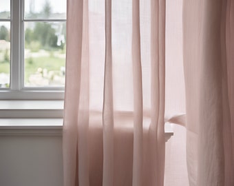 Transparente Leinengardinen, 100 % Leinen, extra lange Gardinen, Leinengardinen mit Stangendurchzug, hellrosa, vorgewaschener, transparenter Fenstervorhang