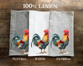 Rooster Tea Towel in linen, Farm hand Towels Tea in linen,  pets Dish Towel  Kitchen Décor Tea Towel in linen