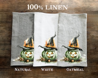 Halloween Tea Towel in linen, Pumpkins Hand Towels Tea in linen, cats linen  Dish Towel, witch hat Kitchen Décor Tea Towel in linen