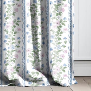 Curtains 100% Linen with floral stripe preppy pink green white print PREWASHED - kitchen Living room farmhouse linen window panel heritage