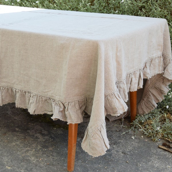 100% Linen tablecloth with RUFFLES PREWASHED French table cloth rustic rectangle square oval country style