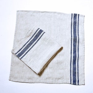 Linen napkins French linen. Natural - navy blue striped Cottage, coutry style linen. Set of linen napkins. Stonewashed. Linen cloth napkins.