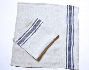 Linen napkins French linen. Natural - navy blue striped Cottage, coutry style linen. Set of linen napkins. Stonewashed. Linen cloth napkins.