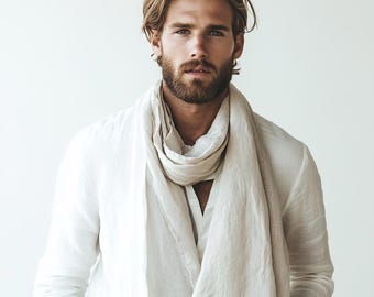 Szal lniany w neutralnych lub innych 40 kolorach - niebarwiony organiczny szalik z czystego lnu unisex - Prezent dla przyjaciela, męża, kochanka, syna, kolegi, ojca